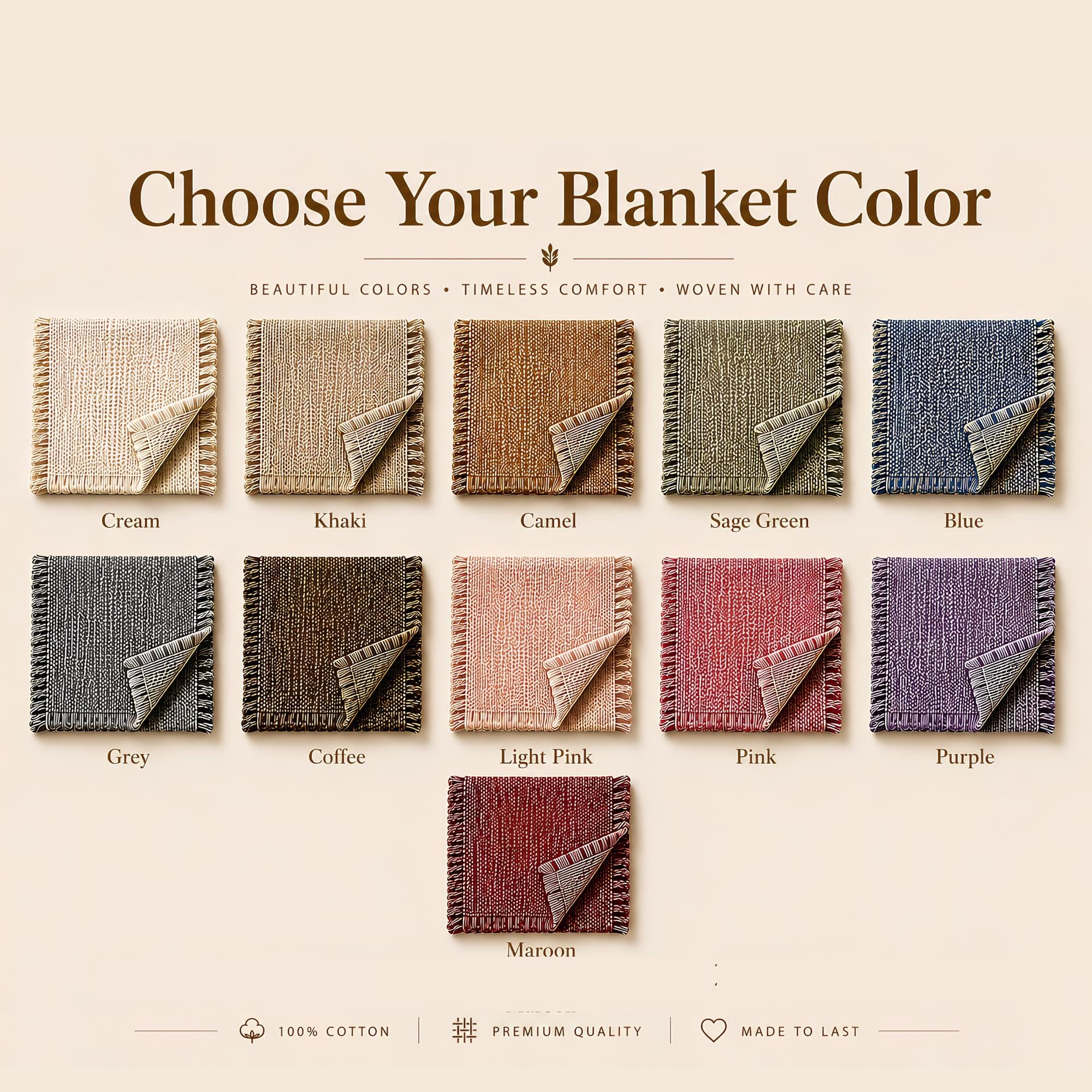 A visual display of eleven different blanket color swatches, presented as small squares against a muted background with color names.
