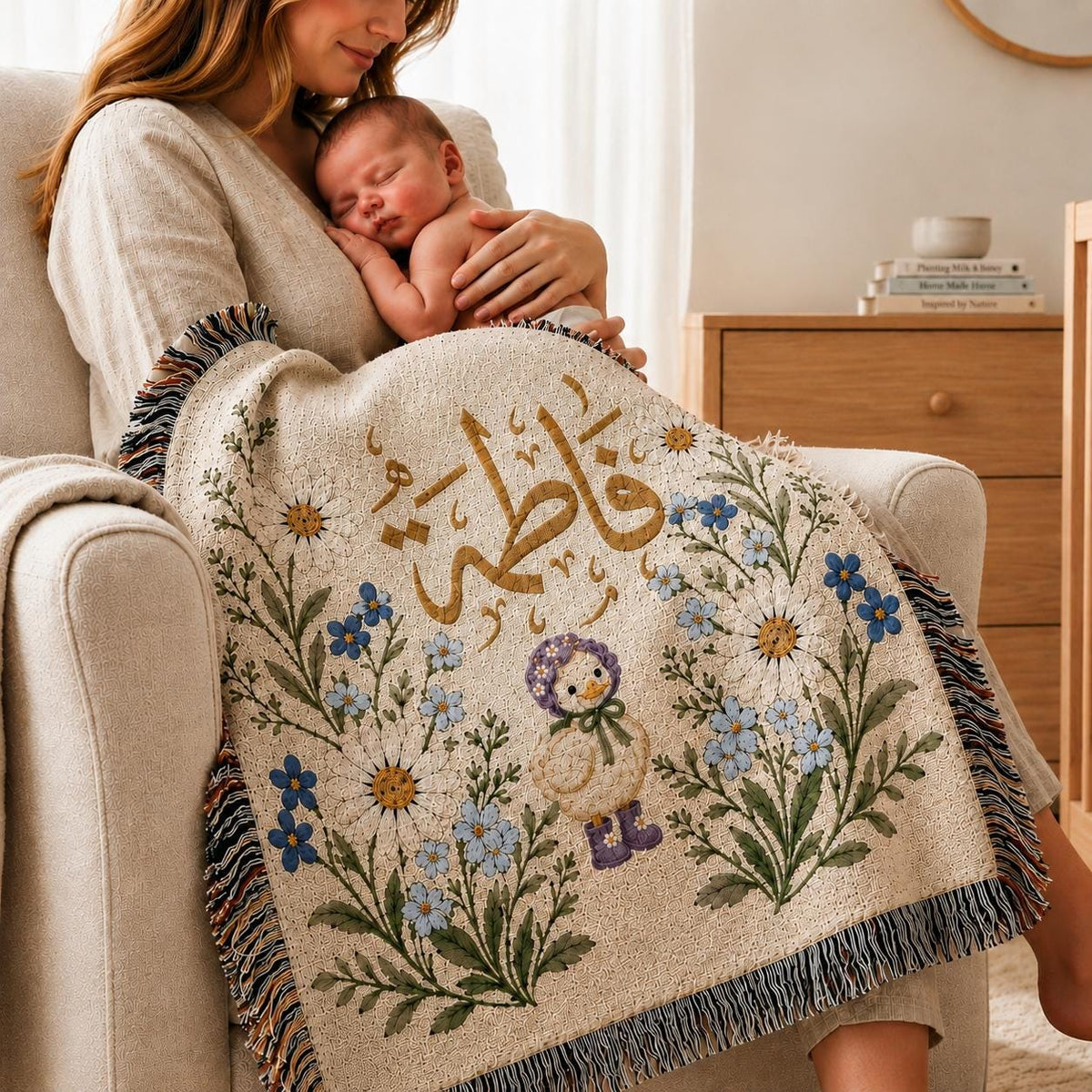 A mother holds her newborn baby while draped in a customized Arabic name blanket, featuring a botanical design and fringe edges, in a warm, gently lit room.