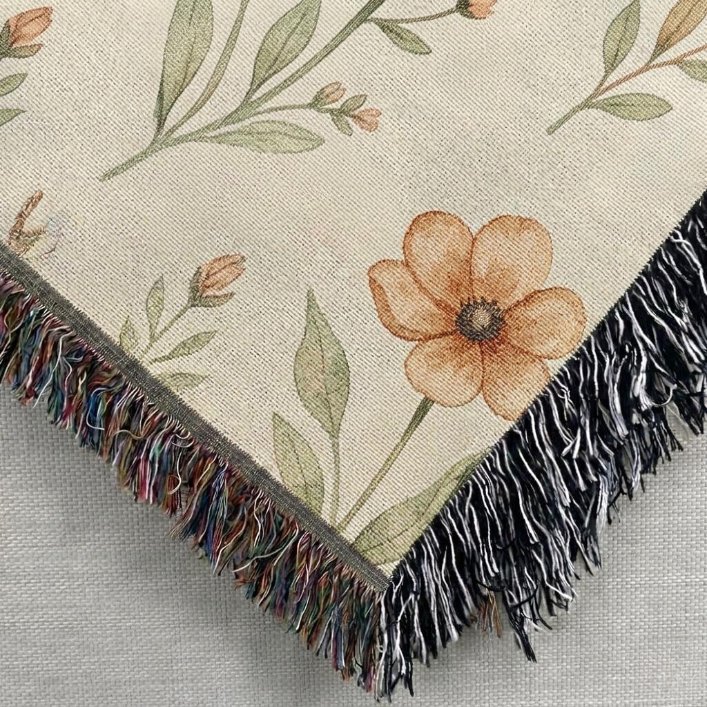 Extreme close-up of the blanket's fringe, focusing on the multicolored threads and the detailed weave structure of the classic floral pattern.
