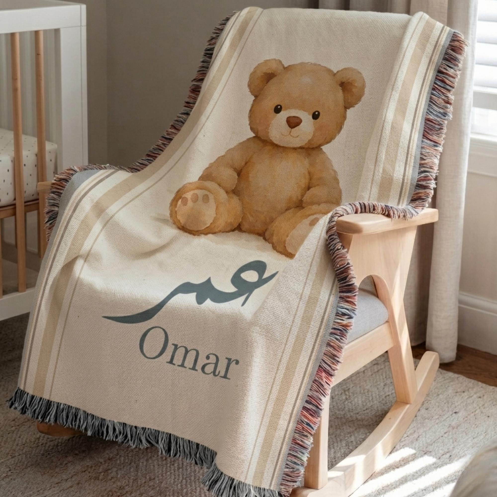 Close-up depiction of the luxury Teddy Bear Arabic Boy custom woven heritage blanket on a wooden chair, emphasizing the plush texture.