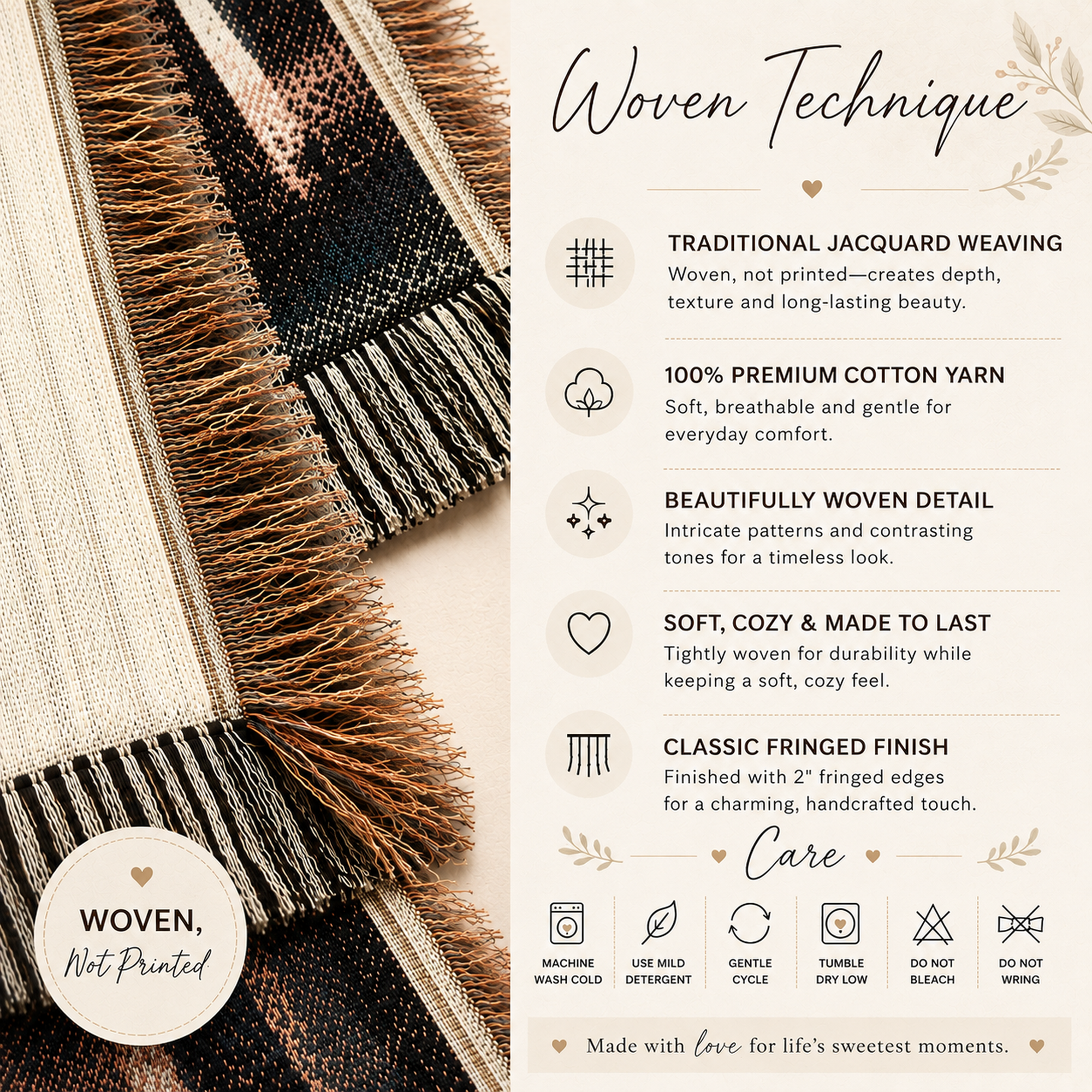 Luxury woven blanket detail image showcasing traditional jacquard weaving, premium cotton yarn, woven texture, classic fringe, and care instructions.