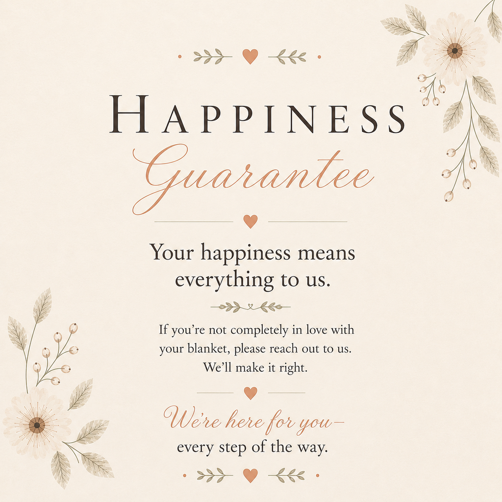 Luxury woven blanket quality and happiness guarantee image with woven not printed craftsmanship, customer satisfaction promise, small business support, and Made in USA.