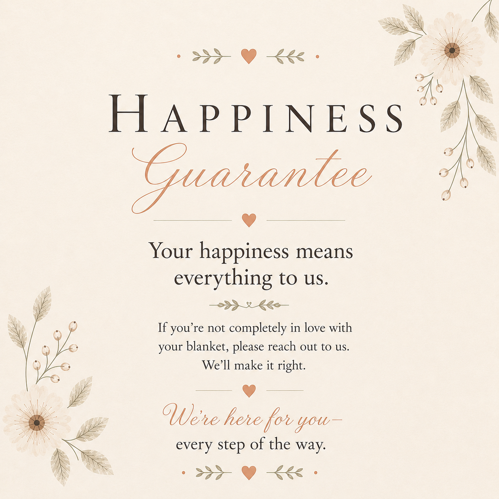 Luxury woven blanket quality and happiness guarantee image with woven not printed craftsmanship, customer satisfaction promise, small business support, and Made in USA.